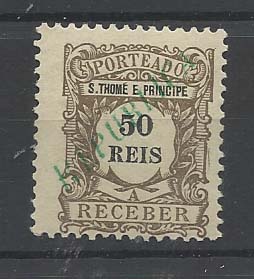 1303.jpg -     Lote:    1303            S. Tomé e Príncipe       Descrição:         1920 &mdash; Porteado. Tipo 1904, com sobrecarga REPUBLICA, local. CE POR41, 50 reis castanho. Valor de catálogo &euro; 45,00.        *       Valor Base:     &euro; 10,00     Valor Venda:     Retirado     