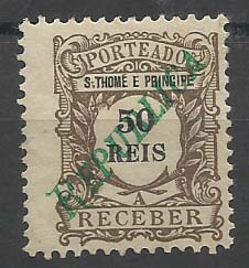 1304.jpg -     Lote:    1304            S. Tomé e Príncipe       Descrição:         1920 &mdash; Porteado. Tipo de 1904, com sobrecarga REPUBLICA local a verde. CE POR41, 50 reis castanho. Valor de catálogo &euro; 45,00.        *       Valor Base:     &euro; 10,00     Valor Venda:     &euro; 22,00       