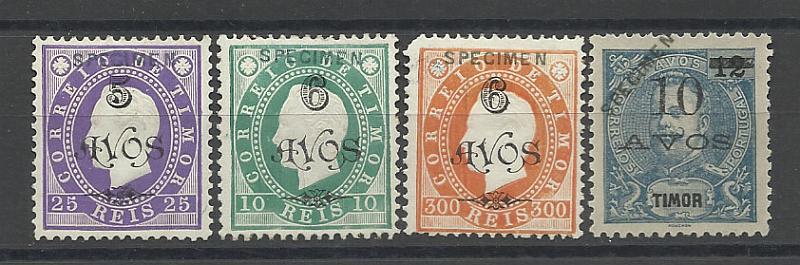 1307.jpg -     Lote:    1307            Timor       Descrição:         1902 &mdash; D. Luís I, com sobretaxa + D. Carlos I Mouchon, com sobretaxa. Lote de 4 selos CE76, 78, 79 e 111. Todos com sobrecarga SPECIMEN a preto.        **/*       Valor Base:     &euro; 30,00     Valor Venda:     &euro; 30,00       