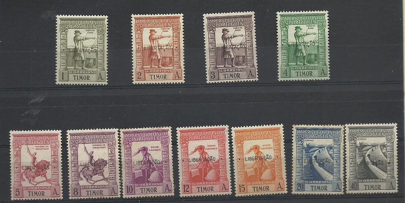 1309.jpg -     Lote:    1309            Timor       Descrição:         1947 &mdash; Império Colonial Português, com sobrecarga "LIBERTAÇÃO". CE250/260. Série completa, com ligeira charneira. Alguns selos com pontos de óxido. Lote a ver. Valor de catálogo &euro; 287,00.        **       Valor Base:     &euro; 40,00     Valor Venda:     &euro; 85,00       
