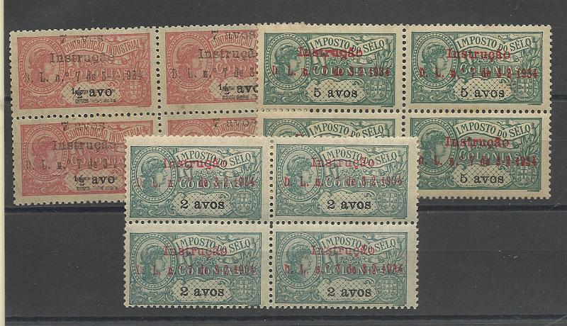 1312.jpg -     Lote:    1312            Timor       Descrição:         1934/35 &mdash; Imposto Postal. Instrução. Selos fiscais da Ásia com sobrecarga. Lote de 3 quadras CE IP6/8, 2 avos, 5 avos e 7 &frac12; avos. Todas as quadras com um selo "5" em vez de "ç". Valor de catálogo &euro; 120,00.        **/*       Valor Base:     &euro; 25,00     Valor Venda:     &euro; 36,00       