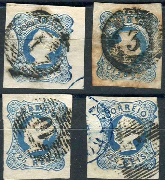 1313.jpg -     Lote:    1313            Portugal       Descrição:         Carimbos numéricos da 1.ª reforma tipo 20 barras. 1853 &mdash; D. Maria II, 25 reis azul. Lote de 4 selos com carimbos n.ºs "1 &mdash; LISBOA", "3 &mdash; ALCOBAÇA", "10 &mdash; ARRUDA" e "42 &mdash; setúbal". Boas margens.        O       Valor Base:     &euro; 20,00     Valor Venda:     &euro; 70,00       