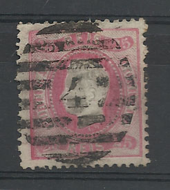 1314.jpg -     Lote:    1314            Portugal       Descrição:         Carimbos numéricos da 2.ª reforma. 1870/76 &mdash; D. Luís I, fita direita. CE40, 25 reis carmim, denteado 12 &frac12;, obliterado com carimbo batido a preto "4 &mdash; ALDEIA GALEGA DO RIBATEJO".        O       Valor Base:     &euro; 15,00     Valor Venda:     &euro; 44,00       