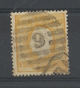1316.jpg -     Lote:    1316            Portugal       Descrição:         Carimbos numéricos da 2.ª reforma. 1870/76 &mdash; D. Luís I, fita direita. CE37, 10 reis amarelo laranja, denteado 13 &frac12;, obliterado com carimbo batido a preto "6 - ALHANDRA".        O       Valor Base:     &euro; 10,00     Valor Venda:     &euro; 10,00       