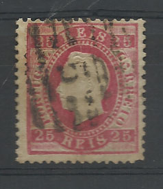 1317.jpg -     Lote:    1317            Portugal       Descrição:         Carimbos numéricos da 2.ª reforma. 1870/76 &mdash; D. Luís I, fita direita. CE40, 25 reis carmim, denteado 13 &frac12;, obliterado com carimbo batido a preto "5 - ALENQUER".        O       Valor Base:     &euro; 6,00     Valor Venda:     Retirado     