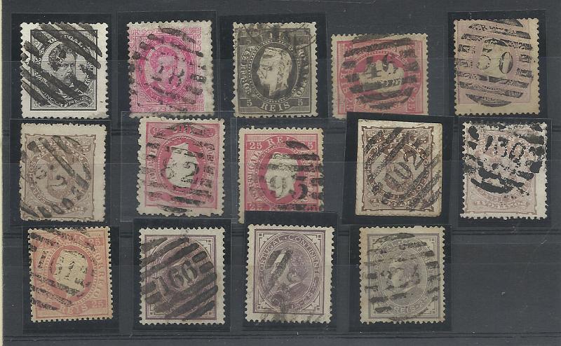 1318.jpg -     Lote:    1318            Portugal       Descrição:         Carimbos numéricos da 2.ª reforma. 1870/85 &mdash; D. Luís I. Diferentes emissões. Lote com 14 selos obliterados com carimbos numéricos batidos a preto. Selos com valor de catálogo aproximado de &euro;120,00.        Lote       Valor Base:     &euro; 15,00     Valor Venda:     Retirado     