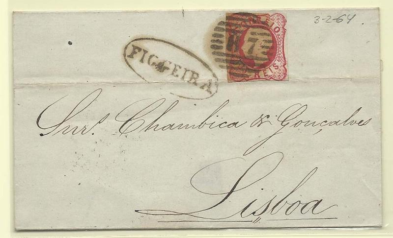 1321.jpg -     Lote:    1321            Portugal       Descrição:         Carimbos nominativos. 1862/64 &mdash; D. Luís I. CE16, 25 reis rosa, com margens curtas, em carta circulada da Figueira (03.02.64) para Lisboa. Carimbo oval batido a sépia "FIGUEIRA".        Carta       Valor Base:     &euro; 15,00     Valor Venda:     Retirado     