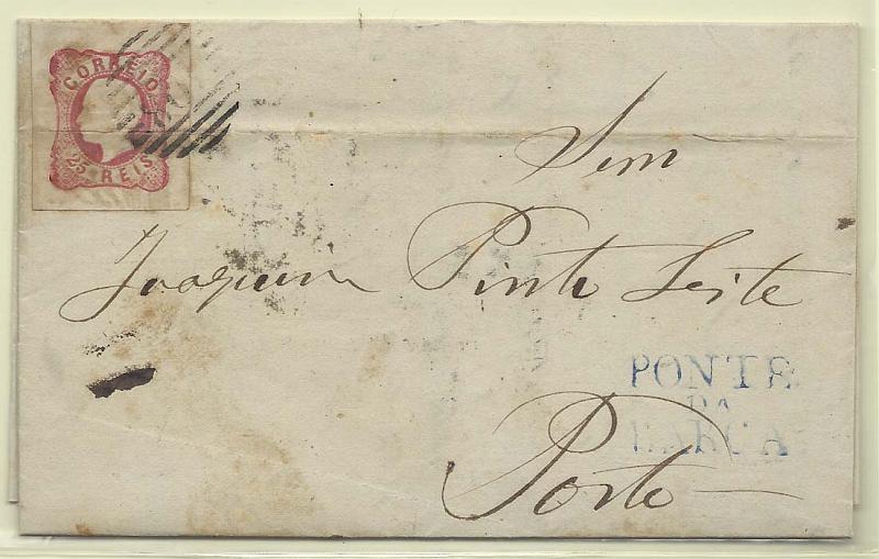1322.jpg -     Lote:    1322            Portugal       Descrição:         1862/64 &mdash; D. Luís I. CE16, 25 reis rosa, com margens excepcionais, em carta circulada de Ponta da Barca (15.05.63) para o Porto. Carimbo pré-adesivo batido a azul "PONTE DA BARCA, GM PTB3.        Carta       Valor Base:     &euro; 15,00     Valor Venda:     Retirado     