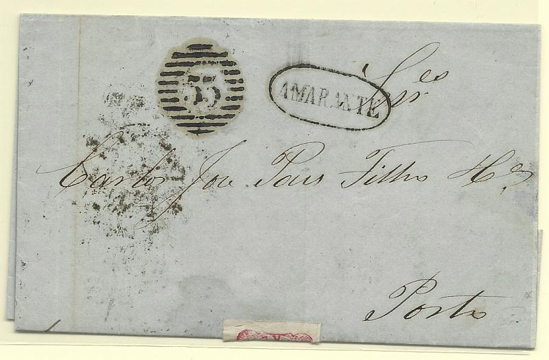 1323.jpg -     Lote:    1323            Portugal       Descrição:         Carimbos nominativos. 1862/64 &mdash; D. Luís I. CE16, 25 reis carmim, em carta circulada de Amarante para o Porto (15.05.62). Carimbos batidos a preto "AMARANTE" e "53" tipo 3.5.3. Selo cortado.        Carta       Valor Base:     &euro; 12,00     Valor Venda:     Retirado     