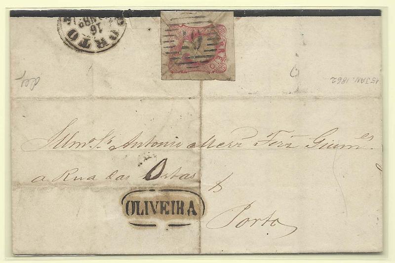1324.jpg -     Lote:    1324            Portugal       Descrição:         Carimbos nominativos. 1856/58 &mdash; D. Pedro V. Cabelos anelados. CE13, 25 reis rosa, com boas margens, mas com mancha, em carta circulada de Oliveira (15.11.62) para o Porto. Carimbo batido a preto "OLIVEIRA".        Carta       Valor Base:     &euro; 12,00     Valor Venda:     &euro; 12,00       