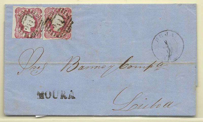 1326.jpg -     Lote:    1326            Portugal       Descrição:         Carimbos nominativos. 1856/58 &mdash; D. Pedro V. Cabelos anelados. CE13, 25 reis rosa, cunho VII. Dois selos (porte duplo) em carta circulada de Barrancos (07.11.61) para lisboa. Carimbo linear sem cercadura batido a preto "MOURA.        Carta       Valor Base:     &euro; 12,00     Valor Venda:     Retirado     