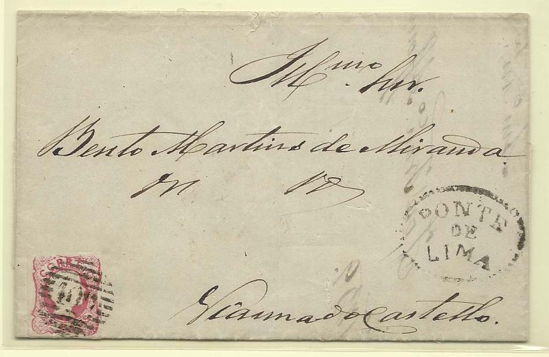 1327.jpg -     Lote:    1327            Portugal       Descrição:         Carimbos nominativos. 1856/58 &mdash; D. Pedro V. Cabelos anelados. CE13, 25 reis em carta circulada de Ponte de Lima (19.05.59) para Viana. Carimbo batido a preto "PONTE DE LIMA".        Carta       Valor Base:     &euro; 15,00     Valor Venda:     Retirado     