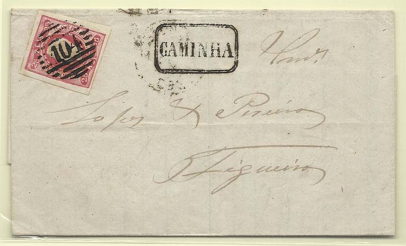 1328.jpg -     Lote:    1328            Portugal       Descrição:         Carimbos nominativos. 1866/67 &mdash; D. Luís I. Fita curva, não denteados. CE22, 25 reis rosa, em carta circulada de Caminha (31.05.67) para a Figueira. Carimbo batido a preto "CAMINHA".        Carta       Valor Base:     &euro; 20,00     Valor Venda:     Retirado     