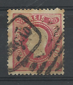 1329.jpg -     Lote:    1329            Portugal       Descrição:         Carimbos nominativos. 1867/70 &mdash; D. Luís I. Fita curva, denteados. CE30, 25 reis carmim obliterado com carimbo batido a preto "MONÇÃO".        O       Valor Base:     &euro; 8,00     Valor Venda:     Retirado     