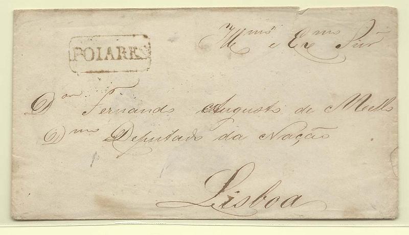 1331.jpg -     Lote:    1331            Portugal       Descrição:         Carimbos nominativos. 1867/70 &mdash; D. Luís I, fita curva, denteados. CE30, 25 reis rosa (verso) em carta circulada de Poiares para Lisboa (19.07.69). Carimbo nominativo a preto "POIARES" e numérico da 1.ª reforma "86" de 20 barras.        Carta       Valor Base:     &euro; 25,00     Valor Venda:     Retirado     