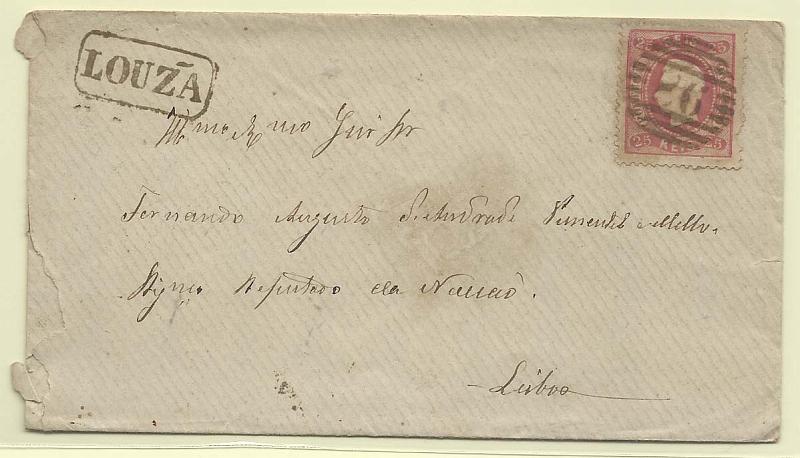 1332.jpg -     Lote:    1332            Portugal       Descrição:         Carimbos nominativos. 1867/70 &mdash; D. Luís I. Fita curva, denteados. CE30, 25 reis rosa em carta circulada da Louzã para Lisboa (07.07.69). Carimbos batidos a preto "LOUZÃ" e "26" t1po 4.3.4.        Carta       Valor Base:     &euro; 12,00     Valor Venda:     &euro; 14,00       