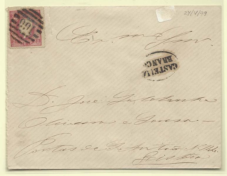 1336.jpg -     Lote:    1336            Portugal       Descrição:         Carimbos nominativos. 1870/76 &mdash; D. Luís I. Fita direita. CE40, 25 reis carmim em sobrescrito circulado de Castelo Branco para Lisboa (24.04.79). Carimbo oval, batido a preto "CASTELO BRANCO".        Carta       Valor Base:     &euro; 15,00     Valor Venda:     Retirado     