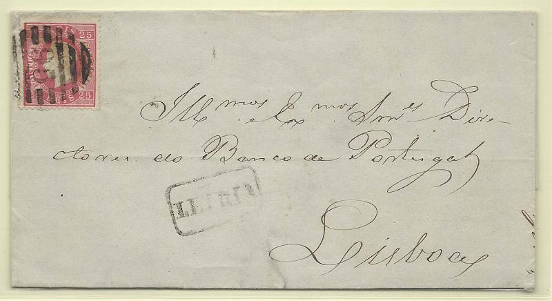 1337.jpg -     Lote:    1337            Portugal       Descrição:         Carimbos nominativos. 1870/76 &mdash; D. Luís I, fita direita. CE40, 25 reis carmim rosa, denteado 12 &frac12; em carta circulada de Leiria (09.04.71) para Lisboa. Carimbo linear com cercadura batido a preto "LEIRIA".        Carta       Valor Base:     &euro; 12,00     Valor Venda:     Retirado     