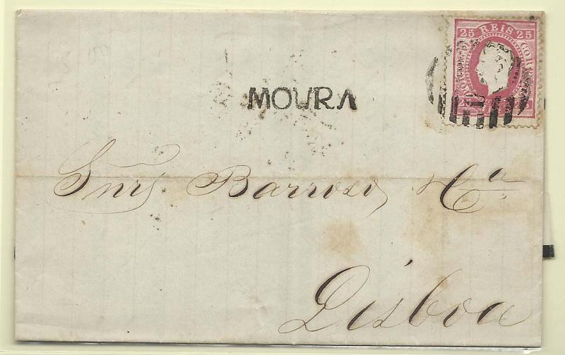 1339.jpg -     Lote:    1339            Portugal       Descrição:         Carimbos nominativos. 1870/76 &mdash; D. Luís I, fita direita. CE40, 25 reis carmim rosa, denteado 12 &frac12; em carta circulada de Barrancos (24.12.72) para Lisboa. Carimbo linear sem cercadura batido a preto "MOURA".        Carta       Valor Base:     &euro; 12,00     Valor Venda:     Retirado     