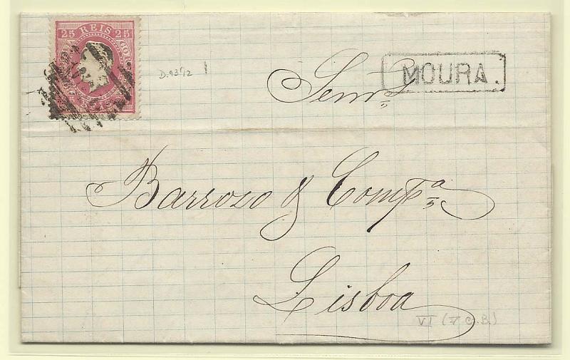 1340.jpg -     Lote:    1340            Portugal       Descrição:         Carimbos nominativos. 1870/76 &mdash; D. Luís I. Fita direita. CE40, 25 reis carmim, denteado 13 &frac12; em carta circulada de Moura (24.10.77) para Lisboa. Carimbo batido a preto de "MOURA", com cercadura rectangular.        Carta       Valor Base:     &euro; 12,00     Valor Venda:     &euro; 12,00       