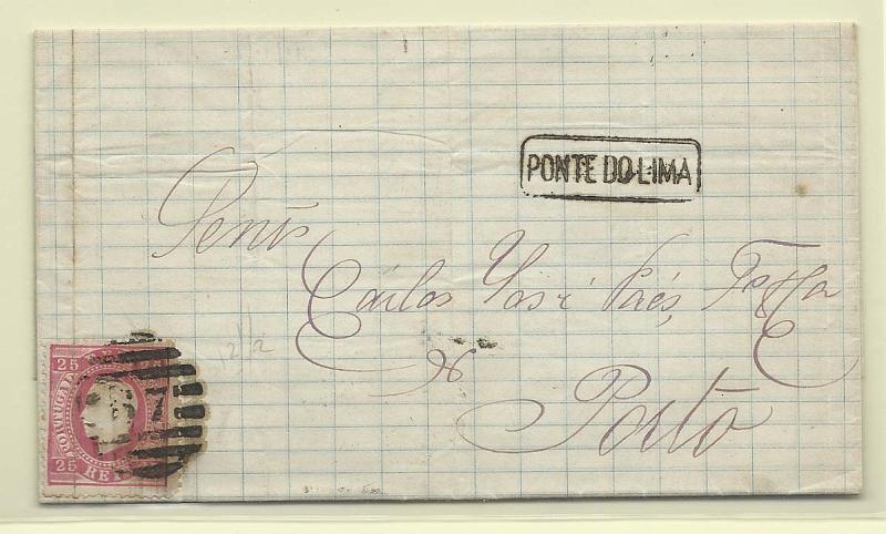 1341.jpg -     Lote:    1341            Portugal       Descrição:         Carimbos nominativos. 1870/76 &mdash; D. Luís I, fita direita. CE40, 25 reis, papel liso, denteado 12 &frac12; em carta circulada de Ponte do Lima para o Porto (25.11.1875) obliterada com carimbo batido a preto "PONTE DO LIMA".        Carta       Valor Base:     &euro; 10,00     Valor Venda:     Retirado     