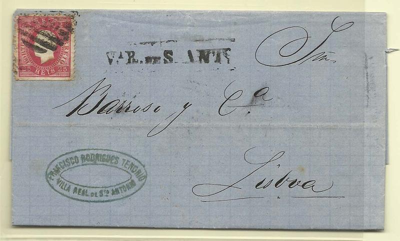 1342.jpg -     Lote:    1342            Portugal       Descrição:         Carimbos nominativos. 1870/76 &mdash; D. Luís I, fita direita. CE40, 25 reis carmim rosa, denteado 12 &frac12; em carta circulada de Vila Real S. António (01.05.71)) para Lisboa. Carimbo linear sem cercadura batido a preto "V.ª R. DE S. ANT.º".".        Carta       Valor Base:     &euro; 10,00     Valor Venda:     &euro; 10,00       