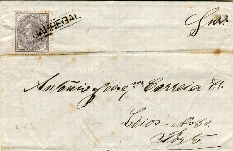 1345.jpg -     Lote:    1345            Portugal       Descrição:         Carimbos nominativos. 1880/81 &mdash; D. Luís I, de perfil. CE54, 25 reis, denteado 12 &frac12;, em sobrescrito circulado de carregal do Sal para o Porto (08.04.81). Selo obliterado com carimbo batido a preto "CARREGAL". MB e R.        Carta       Valor Base:     &euro; 50,00     Valor Venda:     Retirado     