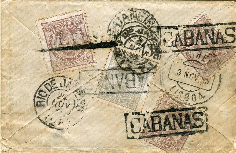 1349.jpg -     Lote:    1349            Portugal       Descrição:         Carimbos nominativos. 1882/83 &mdash; D. Luís I, de frente. Sobrescrito circulado de Cabanas para o Rio de Janeiro (20.11.85), com trânsito por Lisboa (03.11.85) com selo de 5 reis + 3 selos de 25 reis CE56/57. Obliterados com carimbo batido a preto de "CABANAS". MR.        Carta       Valor Base:     &euro; 150,00     Valor Venda:     &euro; 300,00       
