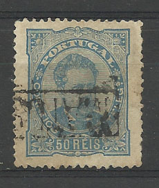 1351.jpg -     Lote:    1351            Portugal       Descrição:         Carimbos nominativos. 1882/83 &mdash; D. Luís I de frente. CE58, 50 reis denteado 13 &frac12;, papel liso, obliterado com carimbo batido a preto "MATOSINHOS".        O       Valor Base:     &euro; 10,00     Valor Venda:     Retirado     
