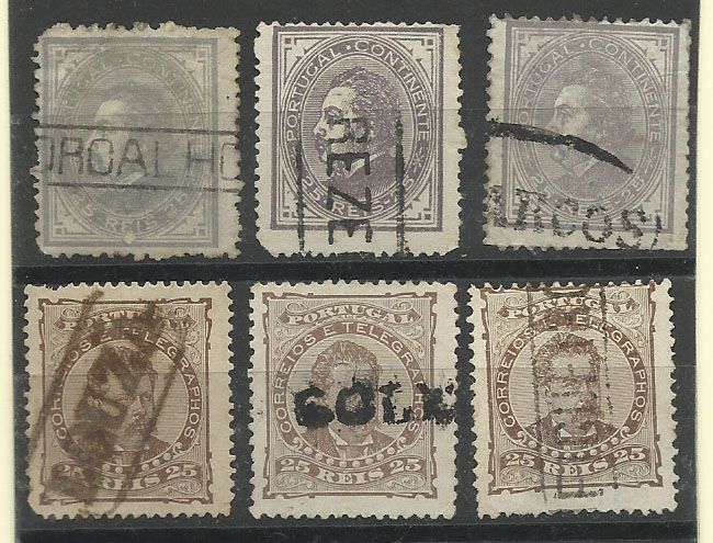 1352.jpg -     Lote:    1352            Portugal       Descrição:         Carimbos nominativos. Lote com 6 selos de 25 reis de D. Luís I, de perfil (3) e D. Luís de frente (3), com carimbos batidos a preto de "PORCALHOTA, REZENDE, P. ARCOS, LOUZÃ, GOLEGAN e FIGUEIRÓ.        Lote       Valor Base:     &euro; 15,00     Valor Venda:     Retirado     