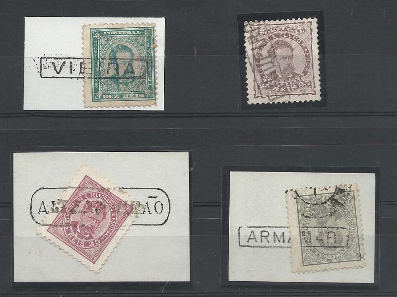 1358.jpg -     Lote:    1358            Portugal       Descrição:         Carimbos nominativos. 181880/84 &mdash; D. Luís de frente. Lote de 4 selos CE56, 57, 61 e 62, obliterados respectivamente com carimbos batidos a preto de "ARMAMAR", "FIGUEIRÓ", "VIEIRA" e "ALTER DO CHÃO".        O       Valor Base:     &euro; 8,00     Valor Venda:     Retirado     