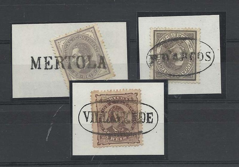 1359.jpg -     Lote:    1359            Portugal       Descrição:         Carimbos nominativos. 1880/83 &mdash; D. Luís I de perfil + D. Luís I, de frente. Lote de 3 selos: CE52, 53 e 57, obliterados respectivamente com carimbos batidos a preto de "P. D'ARCOS", "MÉRTOLA" e "VILLAVERDE".        O       Valor Base:     &euro; 10,00     Valor Venda:     Retirado     