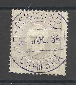 1363.jpg -     Lote:    1363            Portugal       Descrição:         Carimbos circulares datados tipo 1880. 1870/76 &mdash; D. Luís I, fita direita. CE43, 100 reis lilás, denteado 12 172, papel porcelana, obliterado com carimbo batido a violeta "CORR:º E TEL.º / COIMBRA".        O       Valor Base:     &euro; 10,00     Valor Venda:     &euro; 36,00       