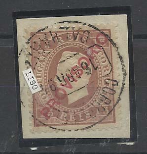 1364.jpg -     Lote:    1364            Portugal       Descrição:         Carimbos circulares datados, tipo 1880. 1892/93 &mdash; D. Luís I, sobrecargas "PROVISORIO". CE84, 15 reis castanho, sobre fragmento bliterado com carimbo batido a preto "CALHARIZ".        O       Valor Base:     &euro; 10,00     Valor Venda:     Retirado     