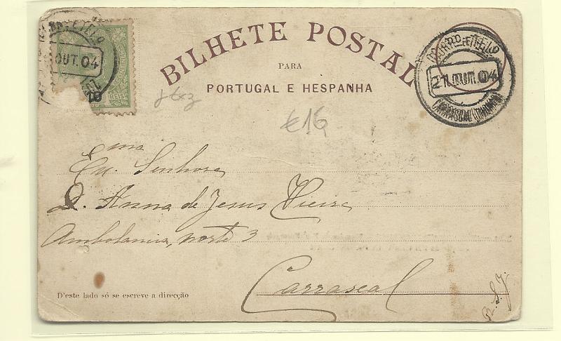 1365.jpg -     Lote:    1365            Portugal       Descrição:         Carimbos circulares datados, tipo 1880. Postal ilustrado com selo de 10 reis D. Carlos I Mouchon (com defeito), obliterado com carimbo batido a preto "CARRASCAL (THOMAR". Não catalogado por Gordon.        PI       Valor Base:     &euro; 12,00     Valor Venda:     &euro; 60,00       