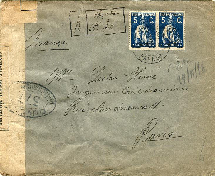 1366.jpg -     Lote:    1366            Portugal       Descrição:         Carimbos circulares datados tipo 1880. 1914 &mdash; Ceres. Sobrescrito circulado registado de Parada (22.05.16) para Paris, com trânsito pela Ambulância TUA I (22.05.16) com dois selos de 5c CE212. Carimbo batido a preto "PARADA" (raridade 9 &mdash; Gordon).        Carta       Valor Base:     &euro; 40,00     Valor Venda:     &euro; 65,00       