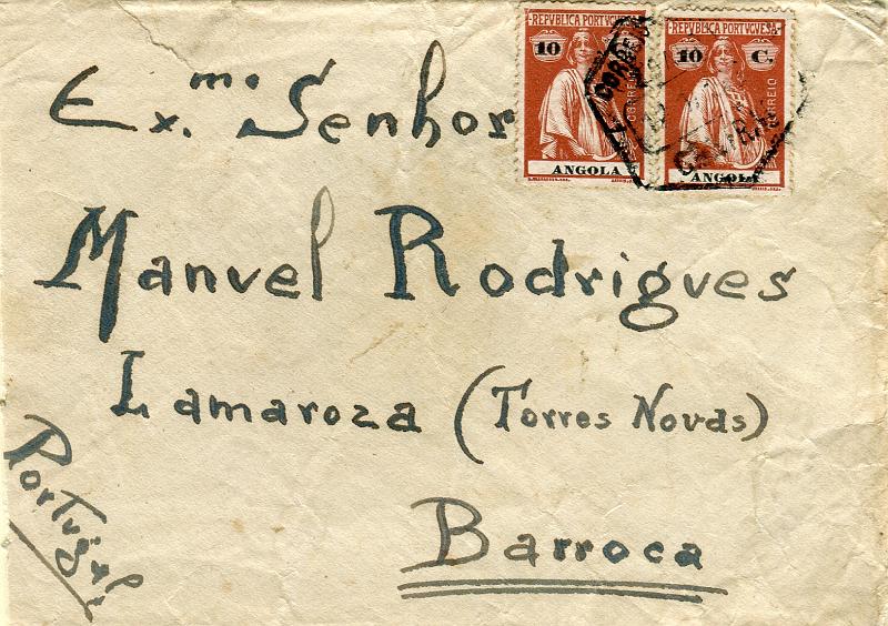 1367.jpg -     Lote:    1367            Portugal       Descrição:         Carimbos circulares datados tipo 1880. 1914 &mdash; Ceres. Sobrescrito circulado de Luanda (12.01.22) para Barroca (31.01.22) com par de selos de 10c CE151. Carimbo batido no verso de "LAMAROSA (T. NOVAS)".        Carta       Valor Base:     &euro; 25,00     Valor Venda:     Retirado     
