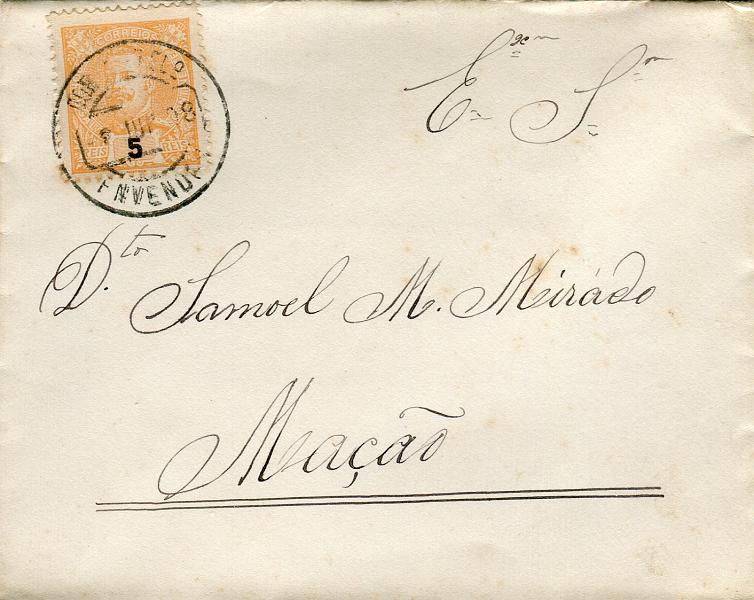 1371.jpg -     Lote:    1371            Portugal       Descrição:         Carimbos circulares datados tipo 1880. 1895/96 &mdash; D. Carlos I Mouchon. CE127, 5 reis laranja em sobrescrito circulado de Envendos (03.06.03) para Mação (04.06.03) Carimbos batidos a preto de "ENVENDOS" e "MAÇÃO" (no verso).        Carta       Valor Base:     &euro; 20,00     Valor Venda:     &euro; 32,00       