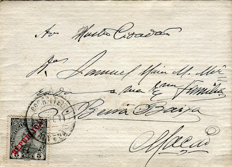 1372.jpg -     Lote:    1372            Portugal       Descrição:         Carimbos circulares datados tipo 1880. 1910 &mdash; D. Manuel II com sobrecarga REPUBLICA. CE171, 5 reis preto em sobrescrito circulado de Alvega (02.07.11) para Mação. Carimbo batido a preto de "ALVEGA".        Carta       Valor Base:     &euro; 15,00     Valor Venda:     &euro; 24,00       