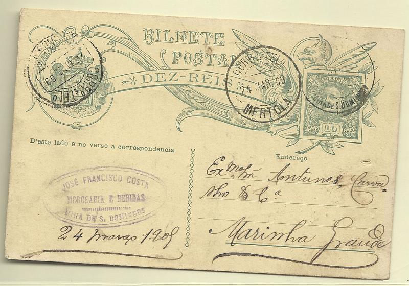 1373.jpg -     Lote:    1373            Portugal       Descrição:         Carimbos circulares datados, tipo 1880. Lote de dois inteiros postais OM43 com "MINAS DE S. DOMINGOS" e OM56 1c Ceres com "ALJUBARROTA". Todos a preto.        IC       Valor Base:     &euro; 10,00     Valor Venda:     Retirado     