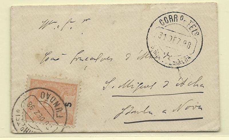 1374.jpg -     Lote:    1374            Portugal       Descrição:         Carimbos circulares datados, tipo 1880. 1895/96 &mdash; D. Carlos I Mouchon. Sobrescrito de reduzidas dimensões circulado do Fundão (30.12.98) para S. Martinho da Acha (31.12.98) com selo de 5 reis CE127. Carimbo batido a preto "S. MIGUEL DA ACHA".        Carta       Valor Base:     &euro; 8,00     Valor Venda:     Retirado     
