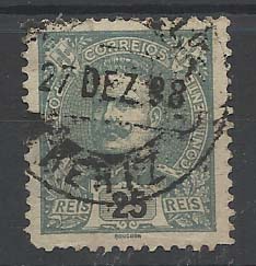 1377.jpg -     Lote:    1377            Portugal       Descrição:         Carimbos circulares datados, tipo 1880. 1895/96 &mdash; D. Carlos I Mouchon. CE131, 25 reis verde. Obliterado com carimbo batido a preto "RERIZ".        O       Valor Base:     &euro; 25,00     Valor Venda:     &euro; 34,00       