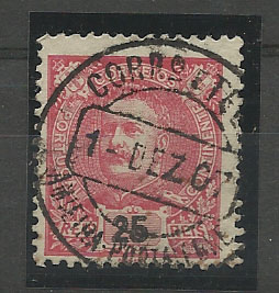 1382.jpg -     Lote:    1382            Portugal       Descrição:         Carimbos circulares datados, tipo 1880. 1898/1905 &mdash; D. Carlos I Mouchon. CE141, 25 reis carmim. Obliterado com carimbo "AMIEIRA-PORTALEGRE. Não catalogado por Gordon.        O       Valor Base:     &euro; 20,00     Valor Venda:     &euro; 32,00       