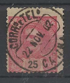 1384.jpg -     Lote:    1384            Portugal       Descrição:         Carimbos circulares datados, tipo 1880. 1898 &mdash; D. Carlos I Mouchon. CE141, 25 reis carmim. Obliterado com carimbo batido a preto "CANHA".        O       Valor Base:     &euro; 12,00     Valor Venda:     &euro; 16,00       