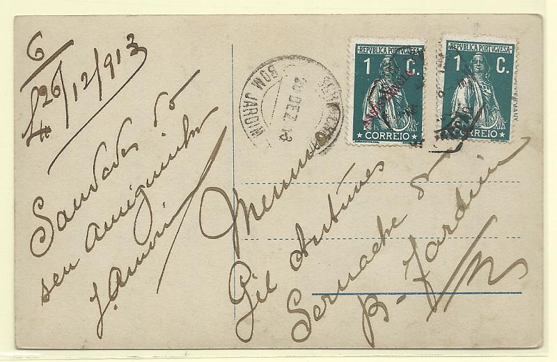 1389.jpg -     Lote:    1389            Portugal       Descrição:         Carimbos circulares datados tipo 1880. 1912 &mdash; Ceres + Imposto Postal * Ceres com sobrecarga ASSSISTÊNCIA. Postal ilustrado circulado de Lisboa (27.12.13) para Sernache de Bom Jesus (28.12.13) com selos de 1c verde CE208 + 1c CE IP3.. Carimbo batido a preto de SERNACHE DO BOM JARDIM.        PI       Valor Base:     &euro; 10,00     Valor Venda:     Retirado     