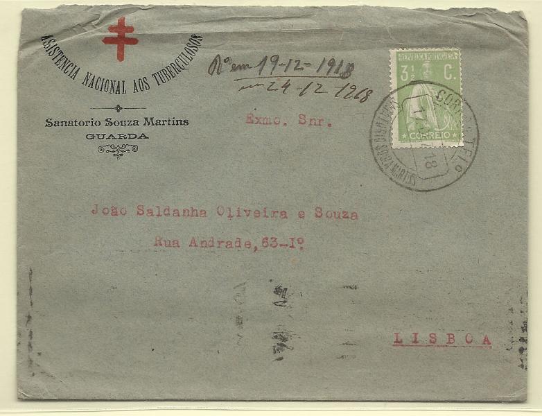 1392.jpg -     Lote:    1392            Portugal       Descrição:         Carimbos circulares datados tipo 1880. 1917/20 &mdash; Ceres, CE225, 3 &frac12; c verde em carta circulada do Sanatório Sousa Martins (17.12.18) para Lisboa. Carimbo batido a preto "SANATÓRIO SOUSA MARTINS.        Carta       Valor Base:     &euro; 15,00     Valor Venda:     &euro; 65,00       