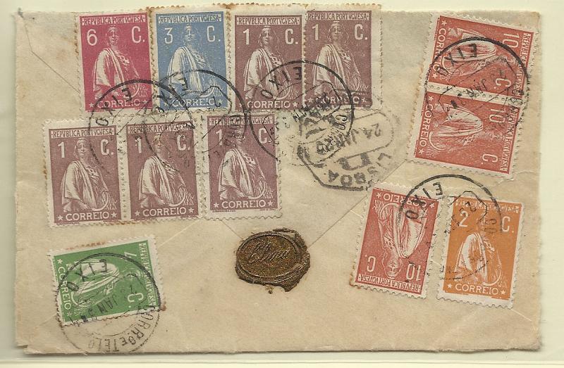 1393.jpg -     Lote:    1393            Portugal       Descrição:         Carimbos circulares datados tipo 1880. 1912/20 &mdash; Ceres. Verso de sobrescrito circulado registado de Eixo (23.01.20) com selos de 1c (5) CE221, 3x10c CE215, 2c CE223, 4c CE226, 3c CE235 e 6c CE236. Carimbo batido a preto "EIXO".        Carta       Valor Base:     &euro; 12,00     Valor Venda:     Retirado     