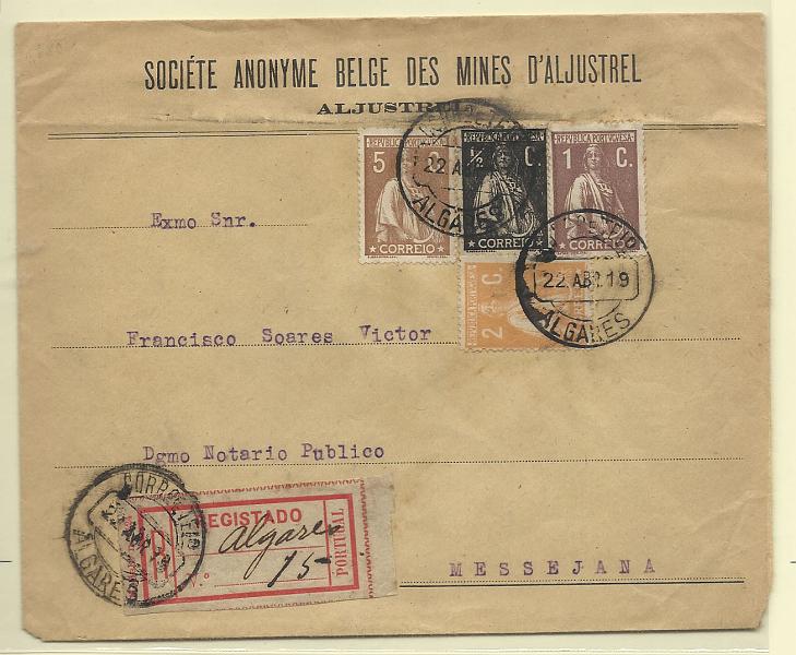1394.jpg -     Lote:    1394            Portugal       Descrição:         Carimbos circulares datados tipo 1880. 1912/20 &mdash; Ceres. Sobrescrito circulado registado de Algares (22.04.19) com dois selos CE207, 221, 223 e 227. Carimbo batido a preto "ALGARES".        Carta       Valor Base:     &euro; 25,00     Valor Venda:     Retirado     