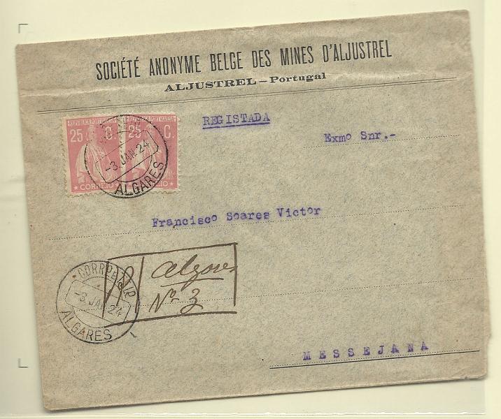 1395.jpg -     Lote:    1395            Portugal       Descrição:         Carimbos circulares datados tipo 1880. 1923 &mdash; Ceres. Sobrescrito circulado registado de Algares (03.01.24) com dois selos de 25 c CE255. Carimbo batido a preto "ALGARES".        Carta       Valor Base:     &euro; 25,00     Valor Venda:     &euro; 46,00       