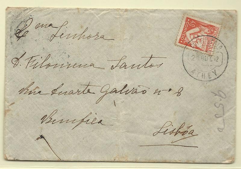 1397.jpg -     Lote:    1397            Portugal       Descrição:         Carimbos circulares datados. 1931 &mdash; Lusíadas. Sobrescrito circulado de Athey (21.10.32) para Lisboa. Carimbo batido a preto "ATHEY".        Carta       Valor Base:     &euro; 20,00     Valor Venda:     Retirado     